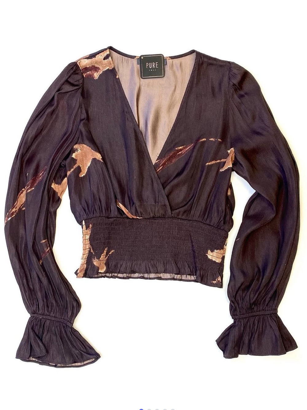 Grade & Gather Wisp Satin Surplice Blouse Brown Long Sleeve V Neck Wrap Top L